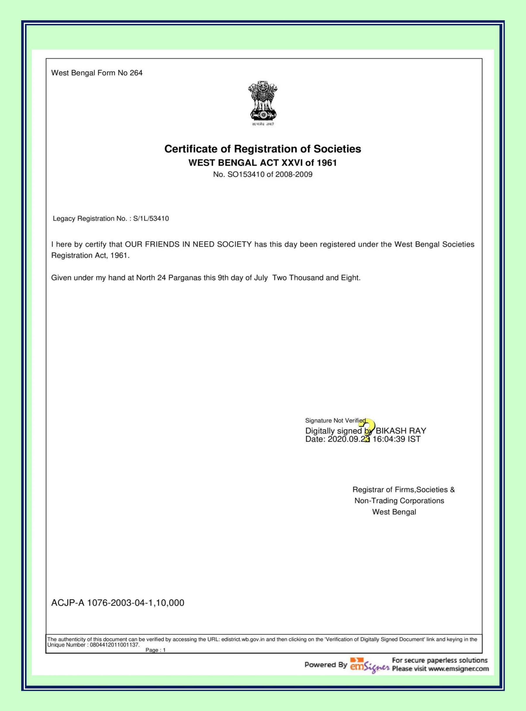 Society Registration Certificate